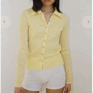 Yellow Check Knit Button-Up Cardigan Sweater